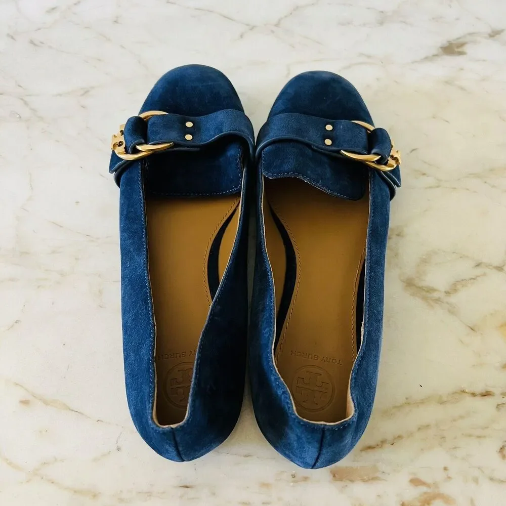 TORY BURCH Solid Blue Suede Smoking Flat Flats Gold Logo Buckle - US 7.5
